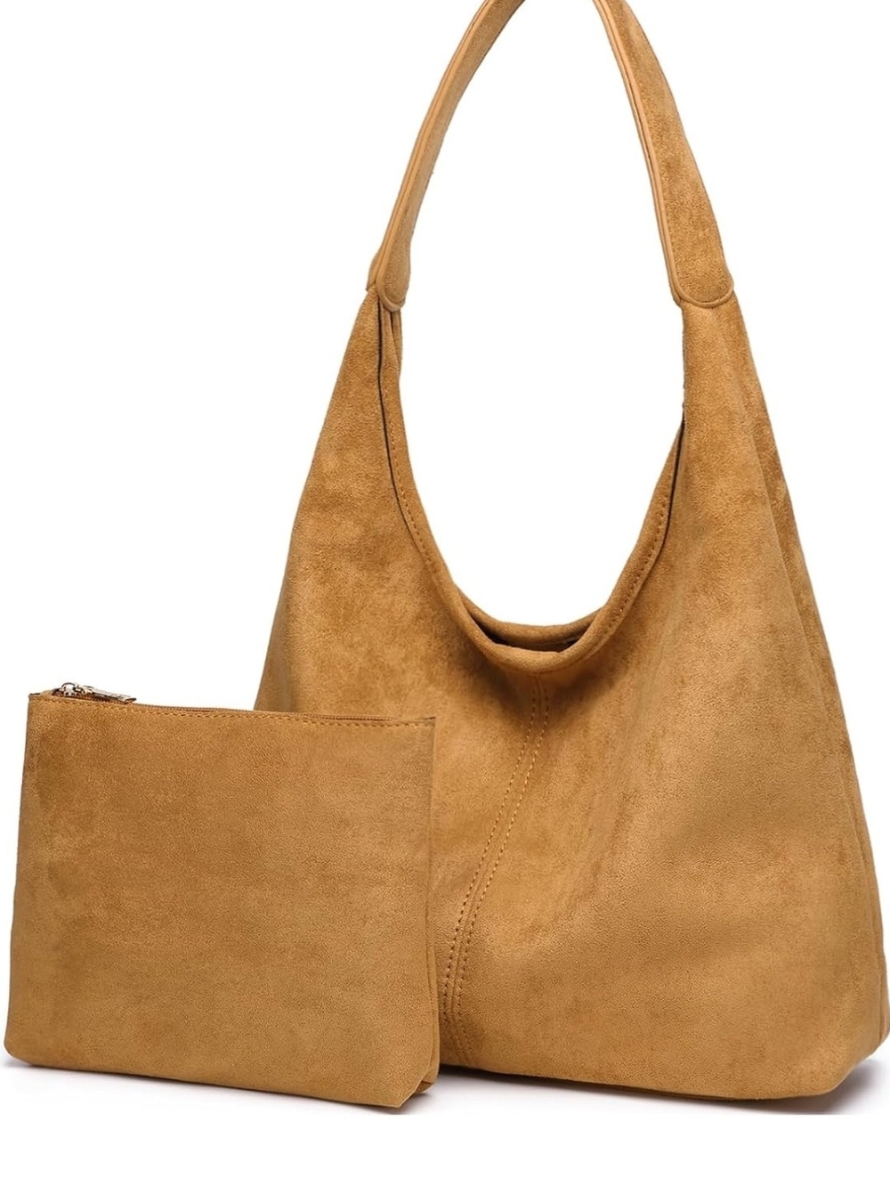 Suede Shoulder Hobo Bag with Pouch - Tan